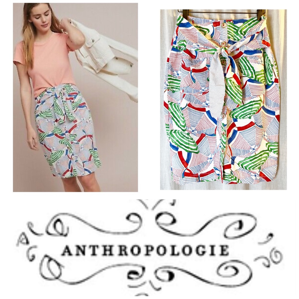 Anthropologie Beach Umbrella Skirt Button Front Belted Waistline Front Pockets